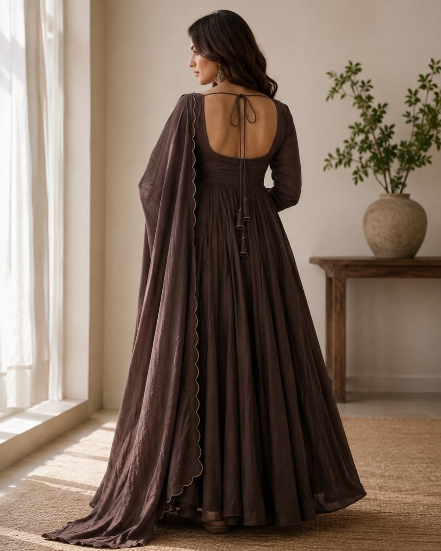 Embellished Georgette Anarkali Set - Chocolate Brown back