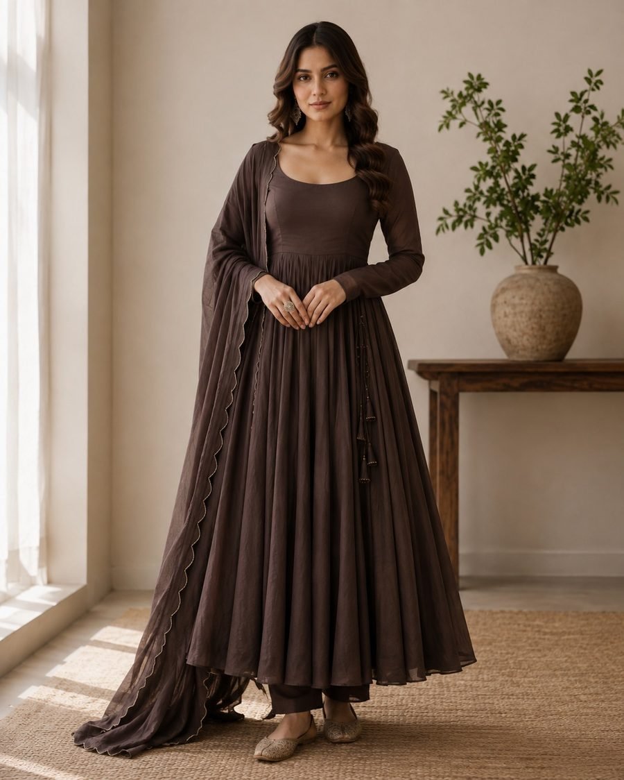 Embellished Georgette Anarkali Set - Chocolate Brown front