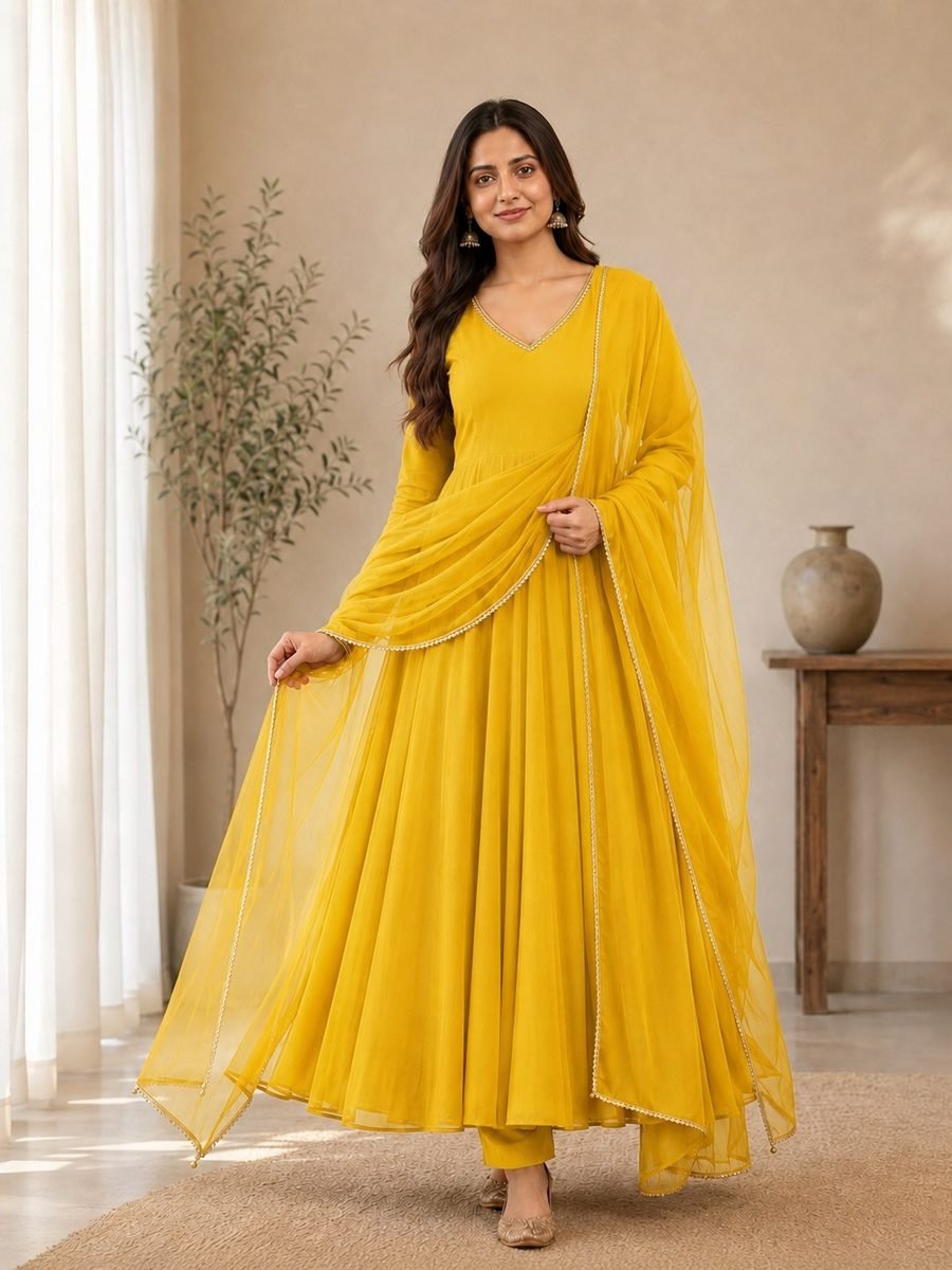 Embellished Georgette Anarkali Set - Mustard
