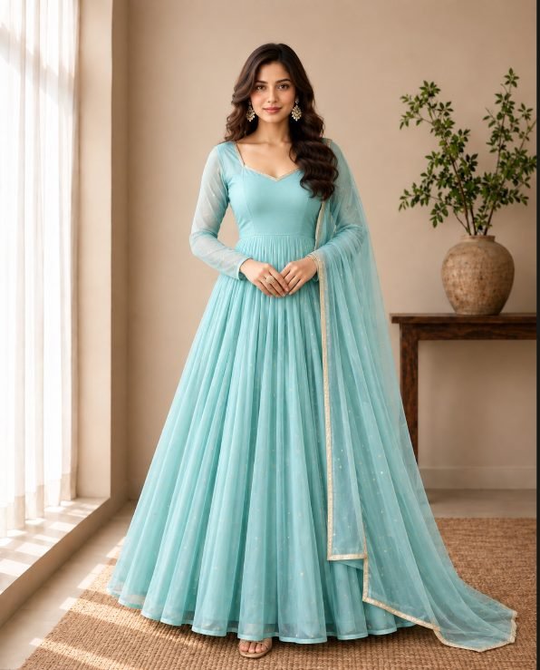 Embellished Georgette Anarkali Set - Sky Blue front