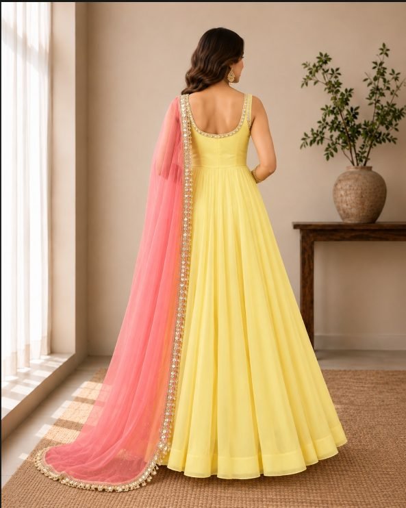Embellished Georgette Anarkali Set - Yellow back