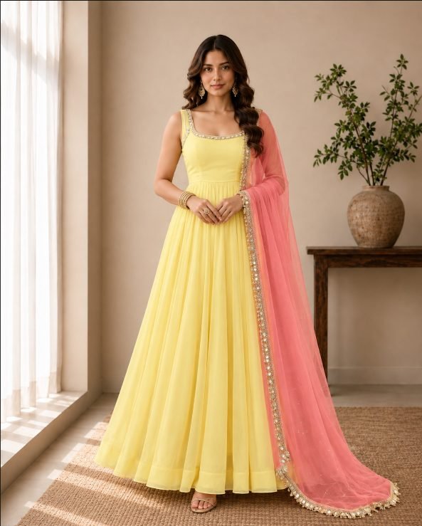 Embellished Georgette Anarkali Set - Yellow front