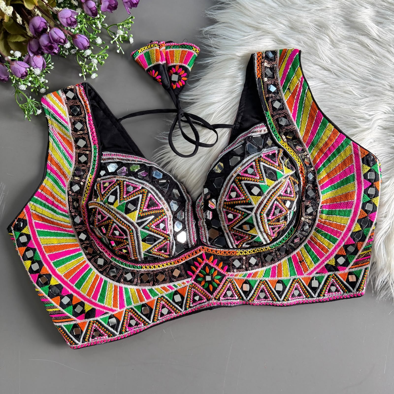 Mirror Work Embroidered Blouse — Black