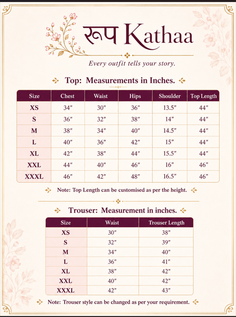 Roopkathaa.com size chart — top and trouser measurements in inches